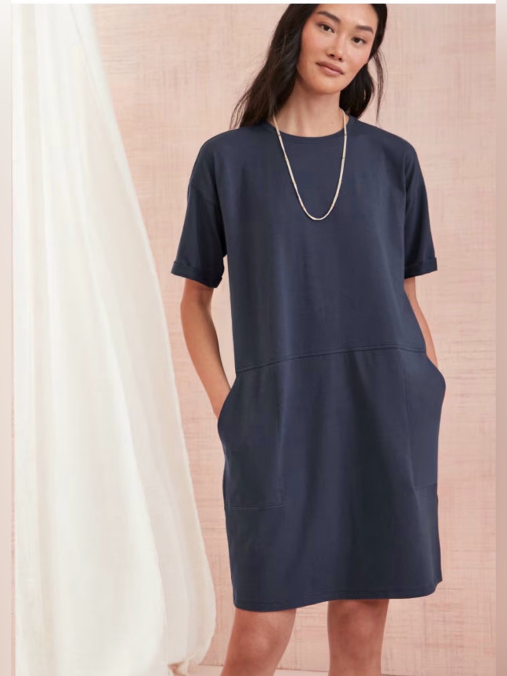 Eileen Fisher PP/XS organic cotton round neck Jersey short stacked sleeve dress